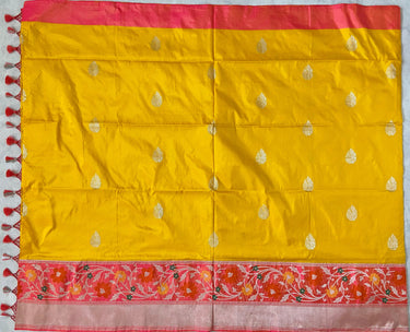 Banarasi Katan pure silk saree | Alfi Sona-Rupa kadwa weave with Kadiyal border | Yellow and Peach | Handwoven | Ships from California